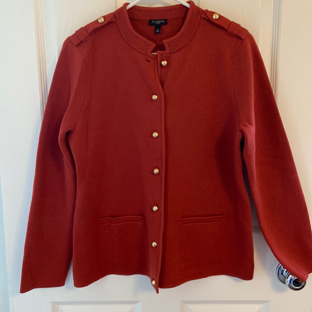 Talbots merino sweater jacket.  Rust color